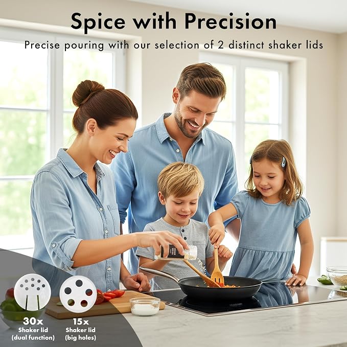 Glass Spice Jars with Label, Seasoning Set, 36x Black Steel Lids | Airtight Lids keep spices fresh, Kitchen Spice Drawer Organizer, 4oz Seasoning Containers incl. Funnel, Brush & 240 Labels
