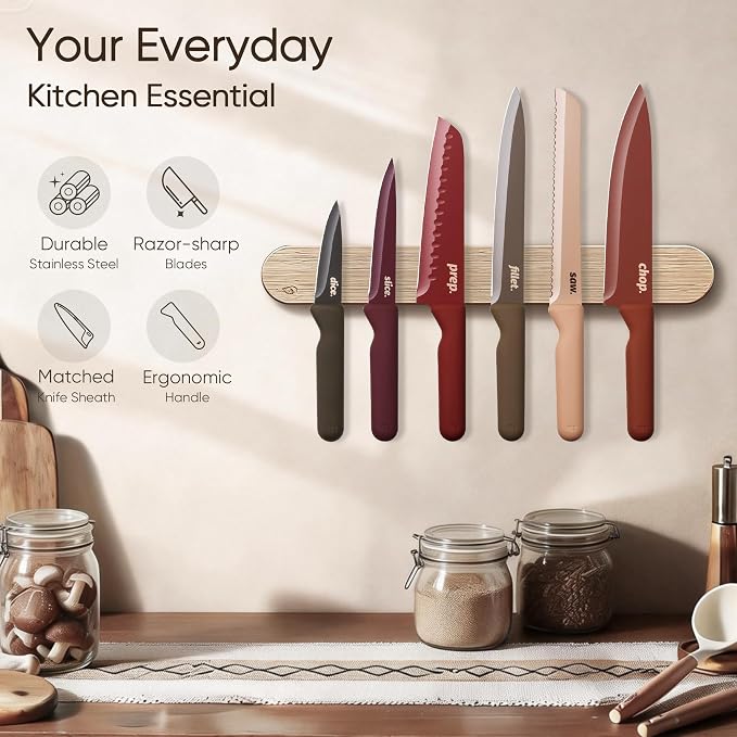 CAROTE Kitchen Knife Set, 6 Floral Knives with 6 Blade Guards, 12-Piece | Stainless Steel Blades, Ceramic Nonstick Coating, Long-Lasting Sharpness, Rust-Resistant, Non-Slip, Dishwasher Safe