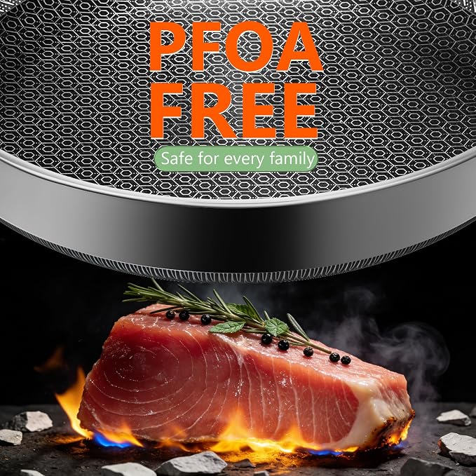 Frying Pans, 10-inch with Lid, Hybrid Frying Pans Stainless Steel Skillets, Dishwasher & Oven-Safe, Stay-Cool Handle, PFOA Free Cookware, Compatible with All Cooktops