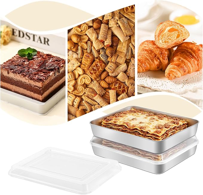 Stainless Steel Baking Pan with Lid, 2-Pack Rectangular Cake Pan Set, Non-Toxic & Heavy Duty Metal Bakeware for Brownie, Lasagna, Casserole, Roasting, Dishwasher Safe
