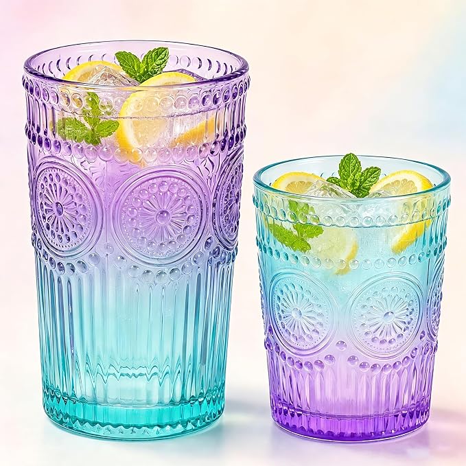 Loivttvv 12pcs Vintage Glassware Drinking Glasses Set, 12oz Highball Glasses & 9oz Embossed Ribbed Glass Cups for Cocktail, Water, Juice, Coffee (Blue & Purple)