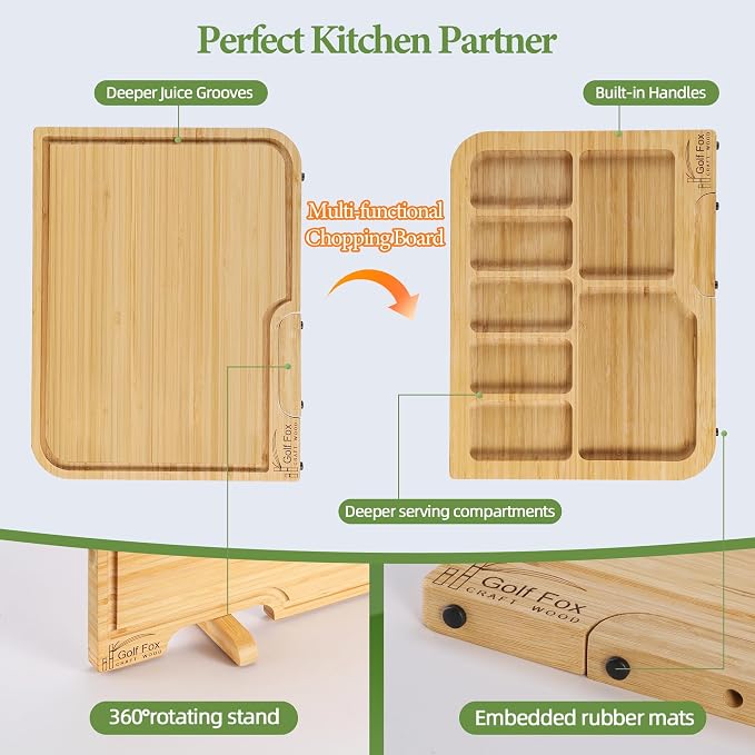 Golffox Wood Cutting Board Set, Bamboo Chopping & Charcuterie for Kitchen | Non Toxic Bamboo Cutting Board with Stand, Built-in Handles, Deep Juice Grooves, for Meat, Vegetables, Cheese & Fruits