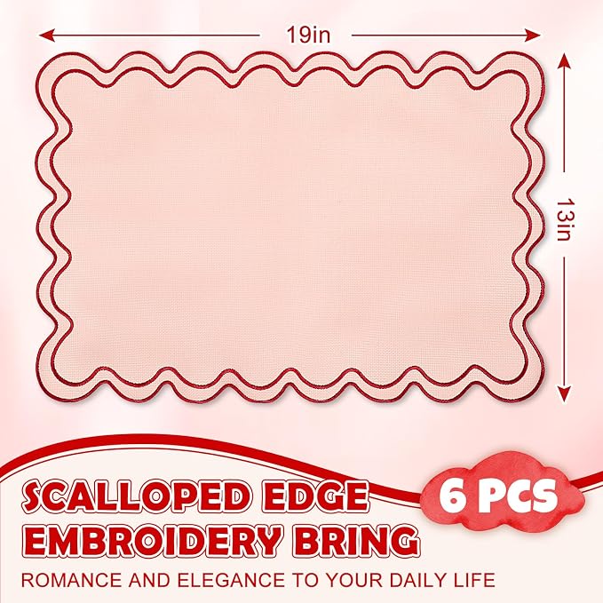 Whaline Vintage Red Pink Linen Placemats Embroidered Scalloped Kitchen Place Mats for Birthday Party Home Dining Table Decor, Set of 6, 13 x 19 in