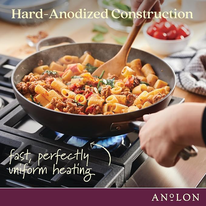 Anolon Advanced Home Hard-Anodized Nonstick Deep Frying Pan with Lid, Saute Pan, 12-Inch, Bronze