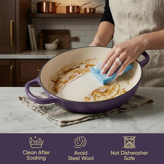 3 Quart Enameled Cast Iron Braiser, Non Stick Enameled Cast Iron Skillet with Lid, Dutch Oven Skillet with lid up to 500°F for Oven, Stove, Grill, Shallow Dutch Oven for Cook, Bake (Purple)