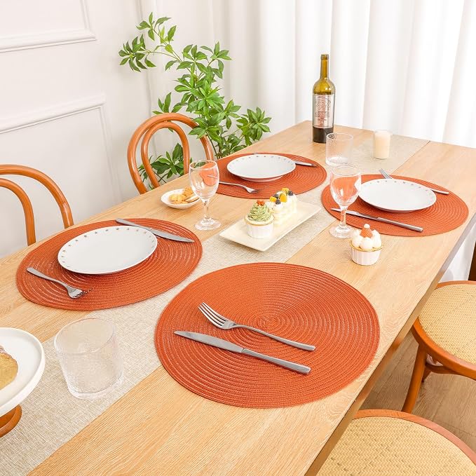 SHACOS Round Placemats Set of 4 for Dining Table Autumn Fall Round Braided Place Mats Washable Non Slip Kitchen Table Mats Decor, Bright Orange