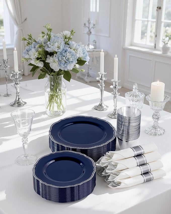 175 Pcs Blue Silver Plastic Plates Wedding & Party | Blue Plastic Dinnerware Set Includes 25 Dinner Plates, 25 Dessert Dinnerware, 25 Cups, 25 Napkins