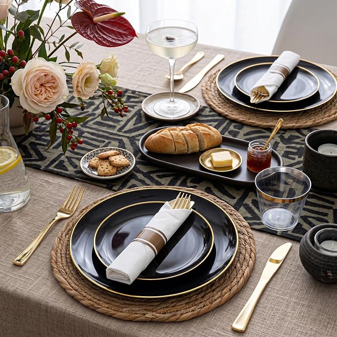 KIRE 175Pcs Black Plates Disposable - Heavy Duty Black and Gold Plastic Plates- 25 for Dinner 25 for Dessert 25 Pre Rolled Gold Silverware and 25 Cups for Graduation/Party/Wedding/Father's Day