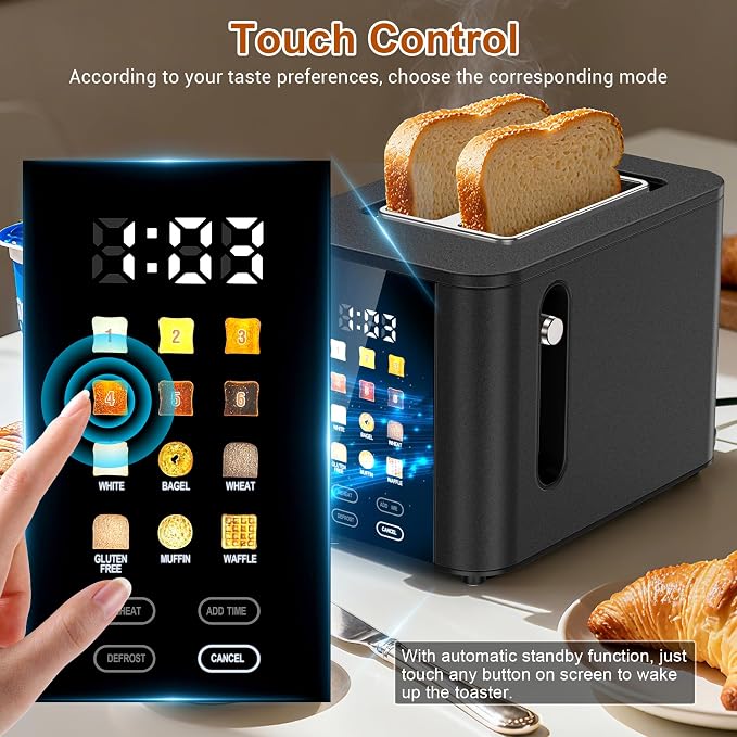 Touch Screen Toaster 2 Slice Black Toaster with Digital Countdown Wide Slot LCD Display 2 Slice Toasters Smart Toasters 6 Shade Settings 6 Bread Type with Reheat/Add Time/Defrost/Cancel Function