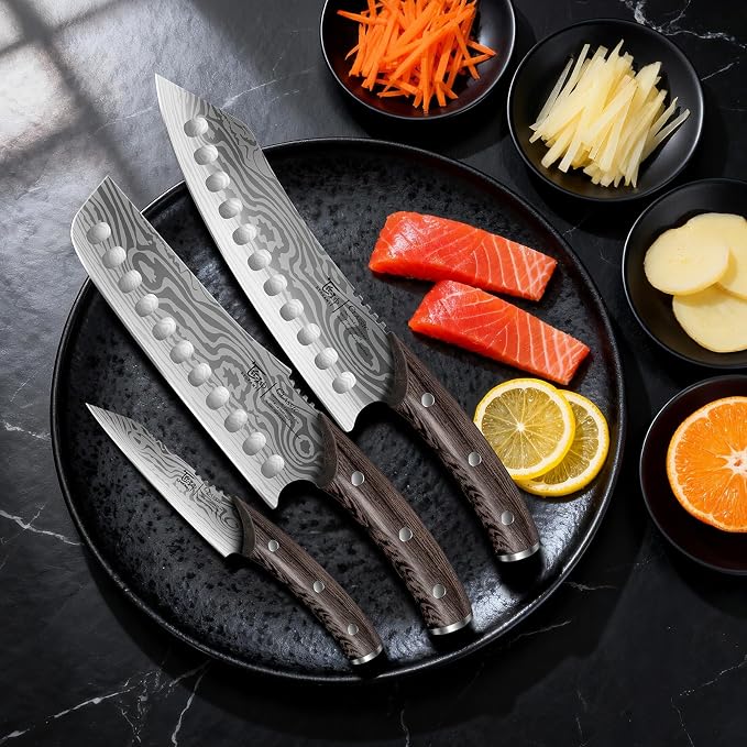 Kitchen Knife Set, 3-Piece Japanese Style Chef Knives Set | 8.2" Kiritsuke, 7.2" Nakiri, 4" Paring, Precision Cutting, Damascus Pattern, Ergonomic Full Tang Wooden Handle, Cooking Gifts