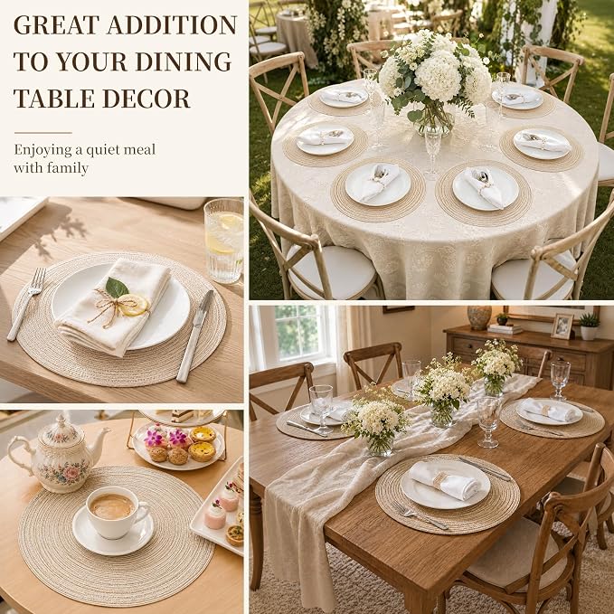 TaroKitc 15 in Round Placemats Set of 6, Washable Woven Placemats Heat Resistant Cotton Polyester Braided Table Mat, Non-Slip Circle Place Mats for Kitchen Dining Table Decor - Beige