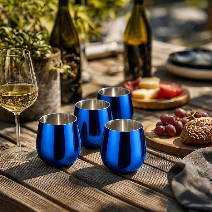 K&K Home Stainless Steel Unbreakable Stemless Wine Glasses - 15 oz - Set of 4 Colored, Stemless Metal Wine Glasses Perfect for Outdoors, Weddings, and Parties (Shiny Blue)