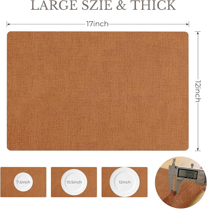 Romanstile Vinyl Placemats Set of 4-12 X 17 Inch - Faux Leather 100% Waterproof Wipeable Anti Slip Place Mats, Heat Resistant Reversible PU Table Mats for Kitchen Dining Party Outdoor, Orange