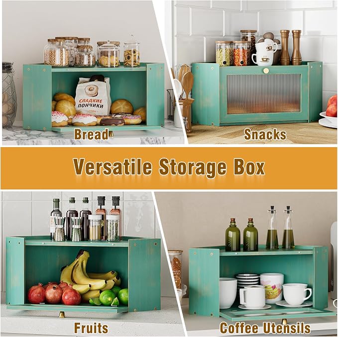 Trironsun Corner Bamboo Bread Box for Kitchen Counter Large Capacity Rustic Bread Storage Container with Wavy Arcylic Transparent Door Vintage Storage for Homemade Bread (Antique Blue)