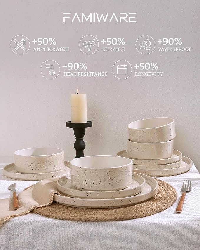 Famiware Nebula 12-Piece Stoneware Dinnerware Set, Creamy White | Plates and Bowls with Reactive Glaze and Colorful Speckles, Chip & Scratch Resistant, Microwave & Dishwasher Safe