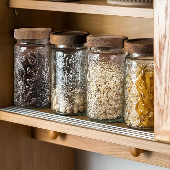 Vintage Glass Jar with Lid, Airtight Candy Coffee Canister Food Storage | 34oz Decorative Container Set with Silicone-Sealed Bamboo Lid, Thick Glass BPA-Free, for Kitchen Stores Sugar Flour Tea