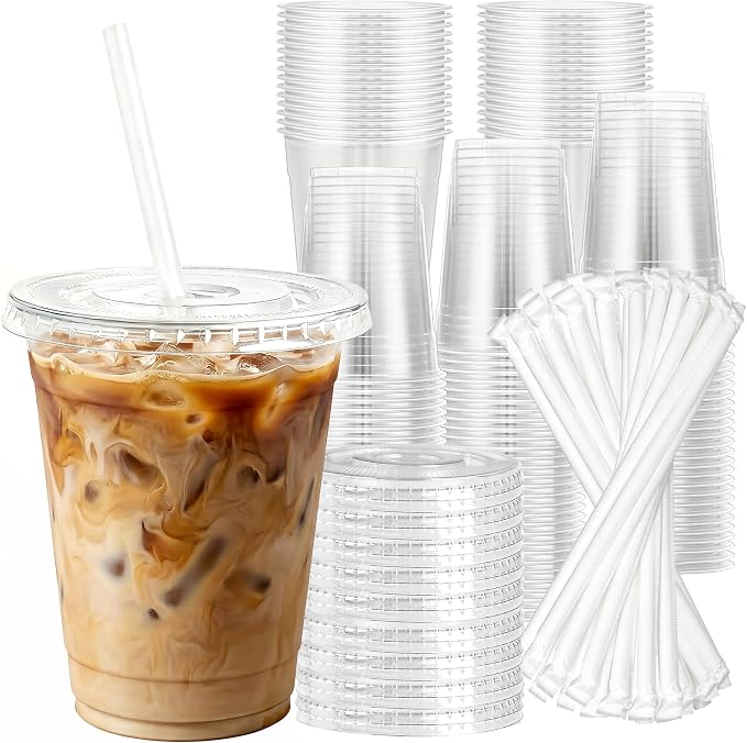 Charmount 100 Sets 16 oz Plastic Cups with Lids and Straws | Clear Disposable Cups for Dirty Soda, Iced Coffee & Smoothies, Plastic Bar Supplies for Cold Drinks