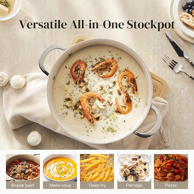 Redchef Ceramic Stock Pot, 4 QT Soup Pot with lid, Induction Cooking Pot Stockpot for All Stoves, Nonstick Pasta Pot for Stews, Even Heating, Stay Cool Handle, Oven/Dishwasher Safe, PFAS Free (Beige)