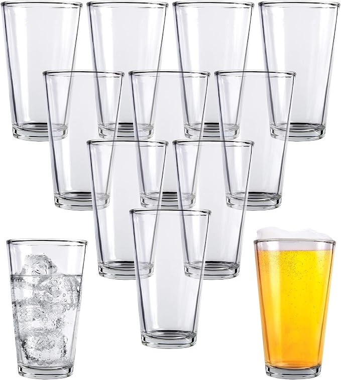 Kitchen Lux Pint Beer Glasses Set of 12 (16oz) Tall Clear Drinking Glasses | All Purpose Tumbler – Heavy Base for Ale, Cocktail, Water, Juice – Pub Style Design For Home Dining, Bars, and Parties