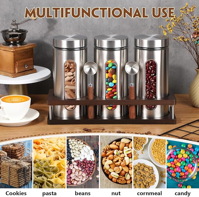 Stainless Steel Coffee Grounds Canisters Container with Shelf | 3 x 50oz, Sugar Coffee Bean Storage Container Set, Airtight Threaded Lid, Glass Window, Scoop, Kitchen Jar for Coffee Bar