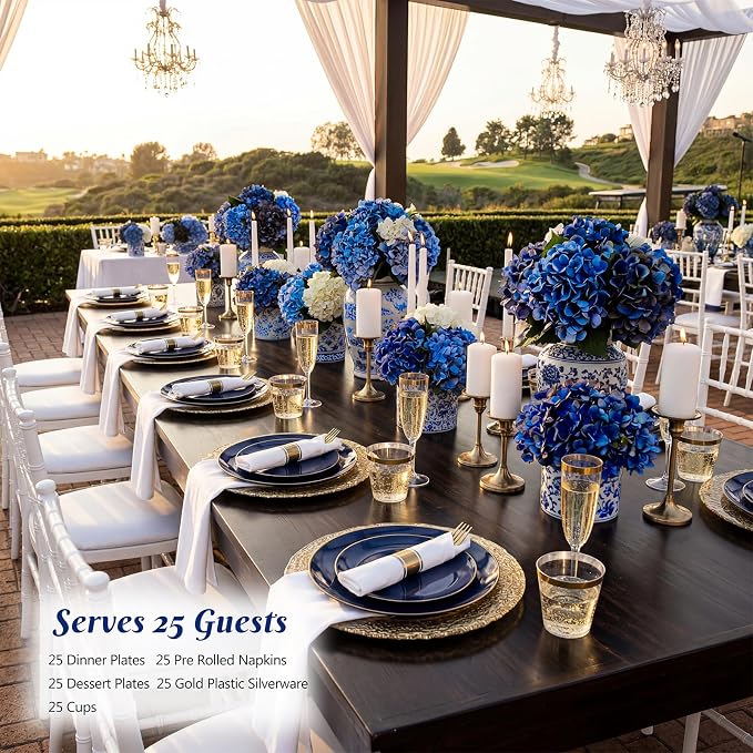 KIRE 175Pcs Blue Plastic Plates - Navy Blue Plates Disposable - 25 for Dinner 25 for Dessert 25 Pre Rolled Napkins with Gold Plastic Silverware and 25 Cups for 4th of July/Wedding/Party