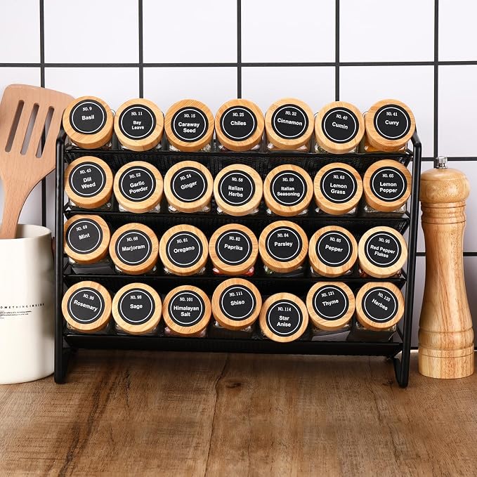 DIMBRAH Spice Jars with Label 24Pcs,Seasoning Containers,Glass Spice Jars with Bamboo Lids,Kitchen Essentials,Spices Container Set,Kitchen Set,Seasoning Organizer,A total of 96 oz
