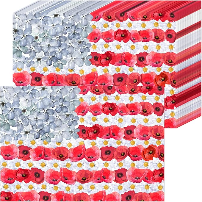 50 Pack Disposable Paper Placemats, Flower Patriotic Table Mats | Red White Blue Watercolor 4th of July Memorial Day