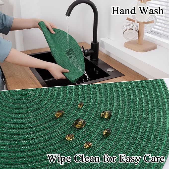 SHACOS Dark Green Round Placemats Set of 6 Cotton Polyester Braided 15 inch Washable Kitchen Dining Table Place Mats Christmas Table Mats for Home Wedding Party Decor