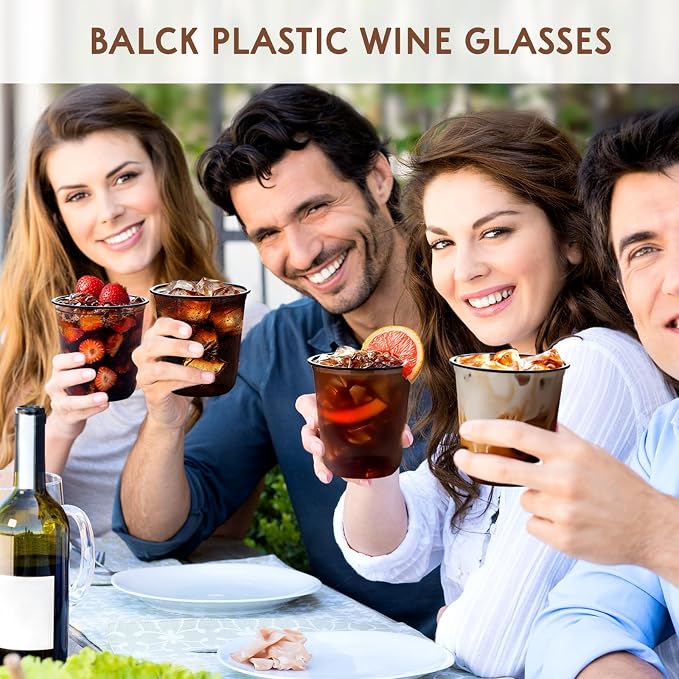KesaPlan 50Pcs 12oz Black Plastic Party Cups, Disposable Wine Cocktail Cups | Cute Crystal Wine Stemless Glasses, Round Bottom PET Cold Drink Cups for Halloween Graduation Wedding Birthday Meeting Party