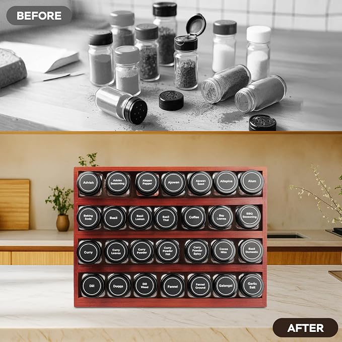 Bamboo Spice Rack Organizer with 28 Glass Spice Jars 4 oz Set Cherry Stain | 4 Tier Wood Hanging Shelf, 780 Labels, for Drawer Cabinet Kitchen Countertop Wall Mount, Empty 4 oz Glass Jars