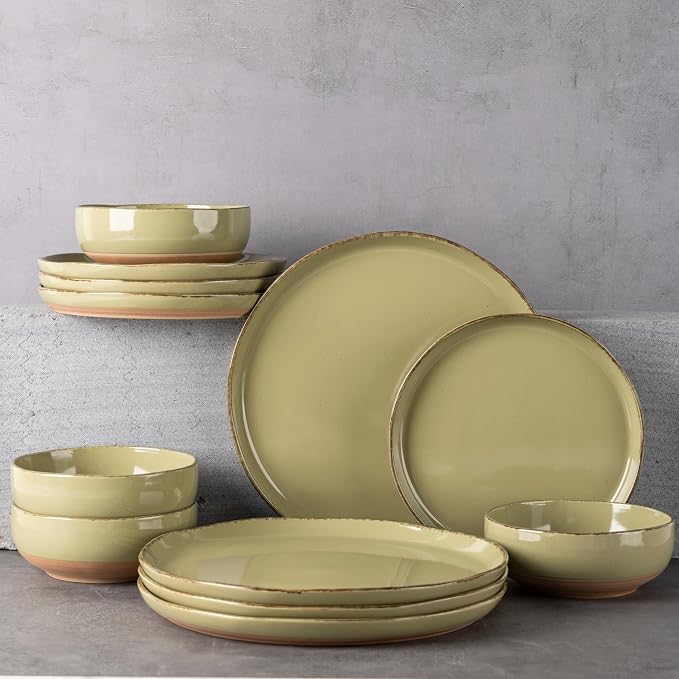 AmorArc Dinnerware Sets for 4, 12 Pieces Ceramic Plates and Bowls Set | Scratch Resistant Stoneware Dishes Set, Dishwasher & Microwave Safe,Olive Green