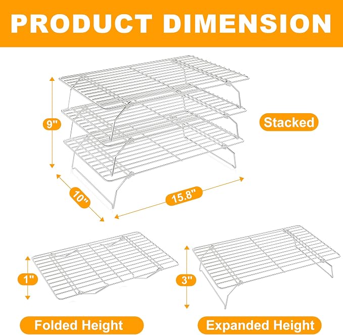 3 Tier Stackable Cooling Rack for Batch Cooling Cookie, Pizza, Cake-15.8”x 10”- Heavy Duty Cooling Racks for Cooking and Baking, Oven and Dishwasher Safe Baking Supplies-Silver