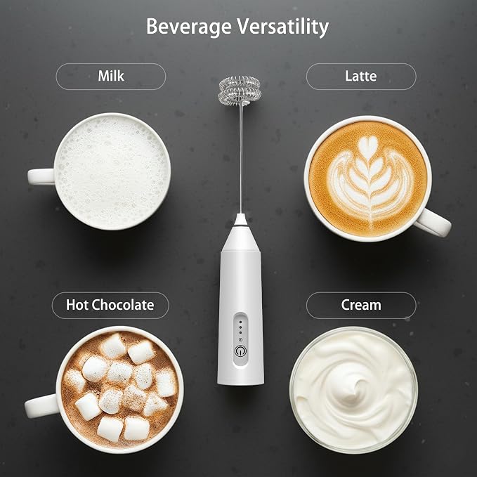 Puraville Rechargeable Electric Milk Frother Handheld, White | 3 Speeds Electric Whisk Drink Mixer, Type-C Charging BPA Free for Coffee, Latte, Cappuccino, Egg