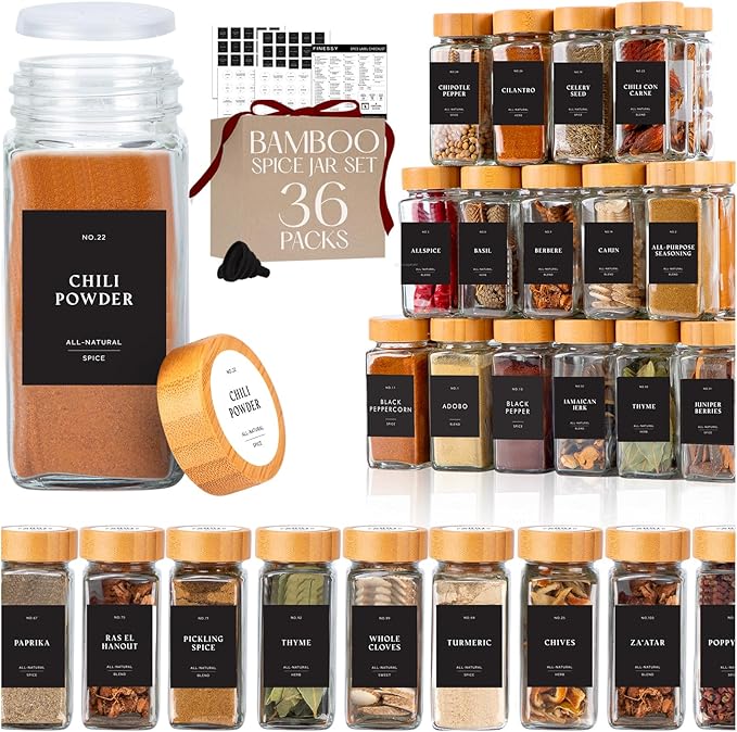 Thick Glass Spice Jars With Bamboo Lids 4 oz, Waterproof Labels, 36 Pack | Empty Spice Bottles With Sift / Pour Shaker Inserts, Airtight Lids And Collapsible Funnel. 200 Pre-Printed Labels, 40 Blanks