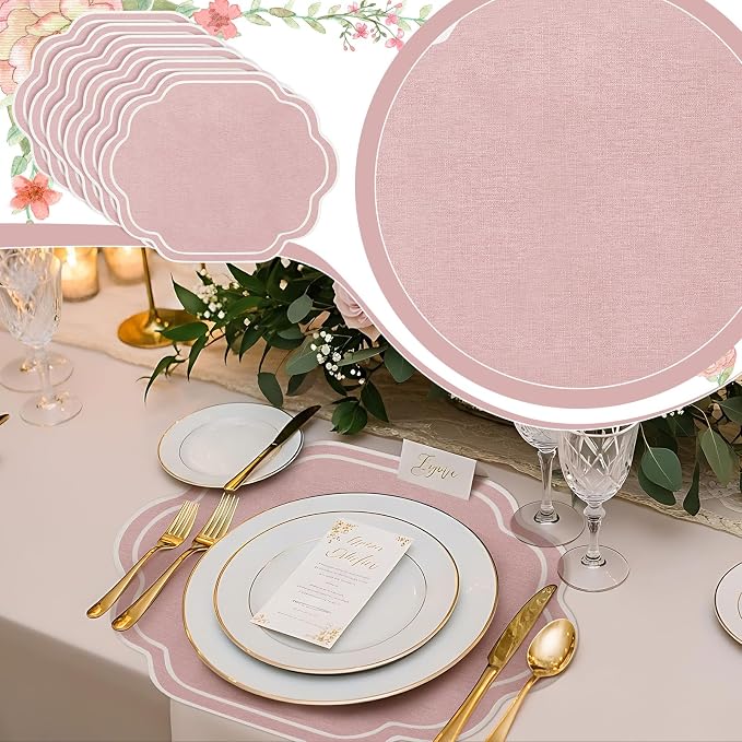 6 Pcs Pink Wedding Placemats Scalloped Embroidered Cotton Linen Placemats 17" x 13" Double Layered Machine Washable Table Place Mat for Party Table Decor (Cotton)