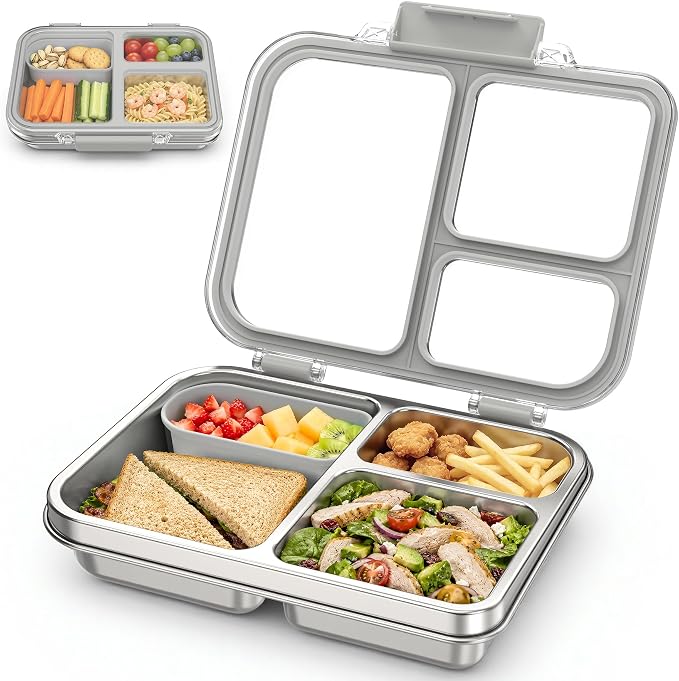 Stainless Steel Bento Box for Kids, 3-Compartment Metal Lunch Box with Clear Lid & Removable Silicone, Lunch Box Kids with Silicone Inner Container for Meal Prep, School, Office (Grey)