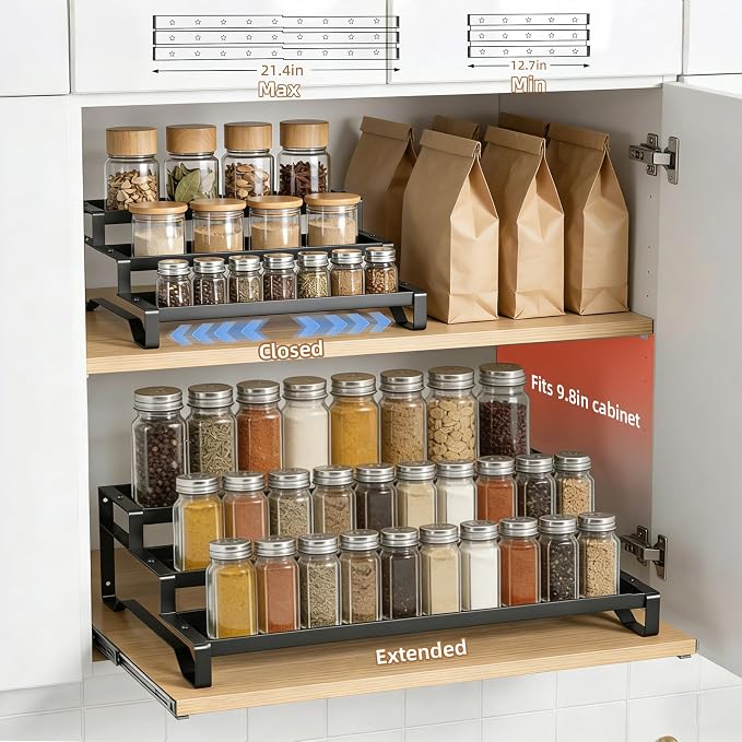 Expandable Spice Rack Organizer for Cabinet 3 Tier Spicy Shelf Black 1Pack | Adjustable Length 13"-21", Easy to See Labels, Sturdy Metal, Slip-Resistant Guardrails for Jars, Cabinet & Countertop Storage