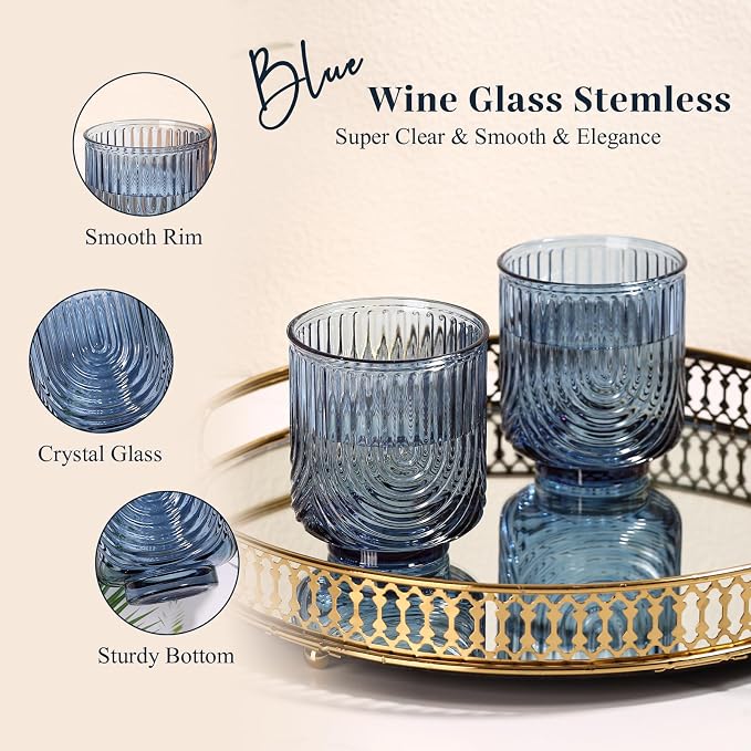 Blue Vintage Drinking Glasses Set of 6-15oz Hand-Blown Highball Ribbed Glassware, Arch Design Cocktail Glasses for Whiskey Water Beverages Ice Coffee Juice Milk