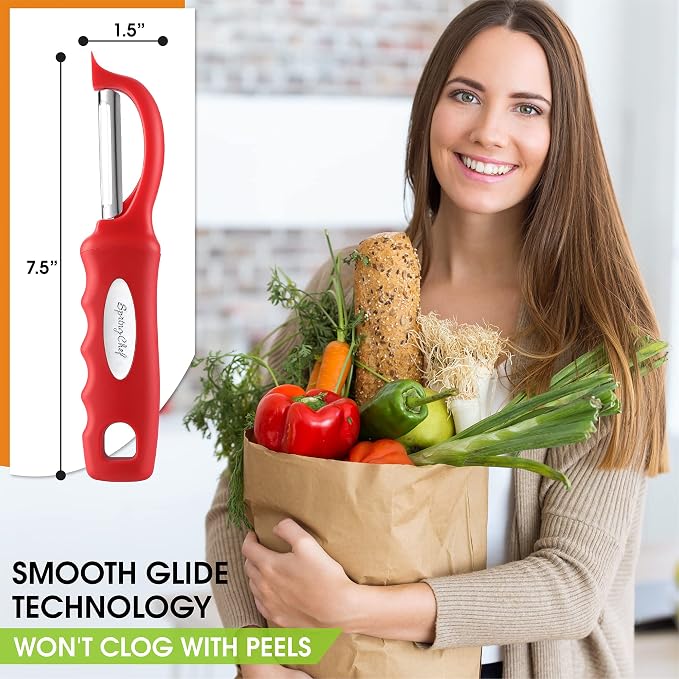Spring Chef Swivel Vegetable Peeler for Kitchen with Soft Grip Handle, Red | Premium Potato Peeler w/ Ultra Sharp Stainless Steel Blades, Multifunctional Veggie Peeler for Apple, Carrot, Cucumber, Fruit