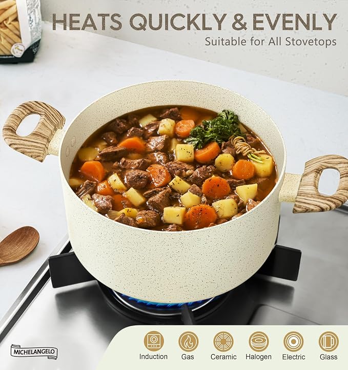 MICHELANGELO 5 Quart Stock Pot with Lid, Nonstick Soup Pot with Lid, Induction Cooking Pot White Granite, Non Stick Pot with Stay-cool Handle, 5 Quart Nonstick Pot for Cooking