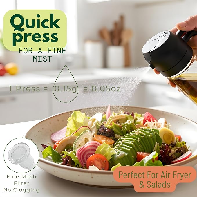 Glass Olive Oil Sprayer for Cooking 16oz/470ml – Transparent 2-in-1 Glass Oil Sprayer & Dispenser with 9 Labeled Stickers, Kitchen Gadgets & Air Fryer Accessories, Olive Oil Dispenser – Black