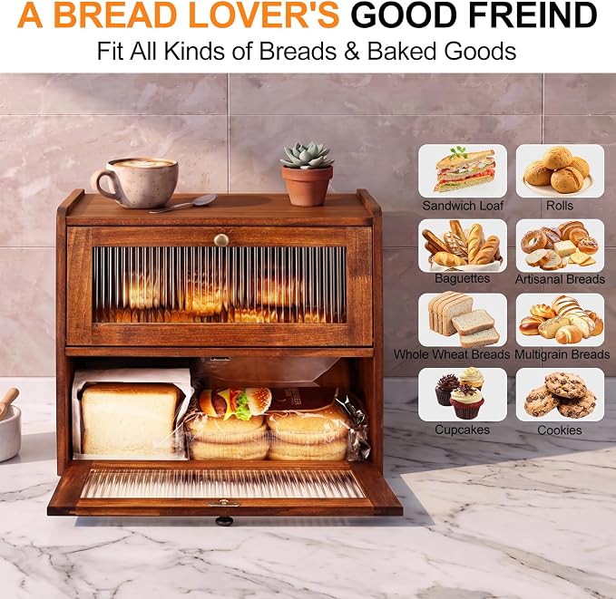 Alpeir Wooden Bread Box for Kitchen Countertop, Large Double Layer, Brown | Food-Safe Pine Wood, Double-Row Ventilation, Strong Acrylic Window, Raised Top Shelf, Easy Care, Farmhouse Corner Container