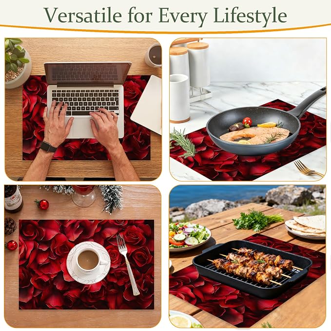 Red Rose Flower Fabric Placemats,Vintage Floral Table Placemats Set of 6 Cloth Place Mats, Washable Heat-Resistant Table Mats for Home Kitchen Dining Room Decoration 11.8x17.7 Inch