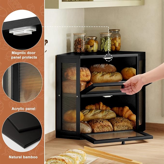 WOWLIVE Double Layer Corner Bread Box for Kitchen Countertop with 2 Doors | Bamboo Bread Storage Container, Large Farmhouse Breadbox with Acrylic Wavy Door, Under Cabinet Organizer, Black, Medium