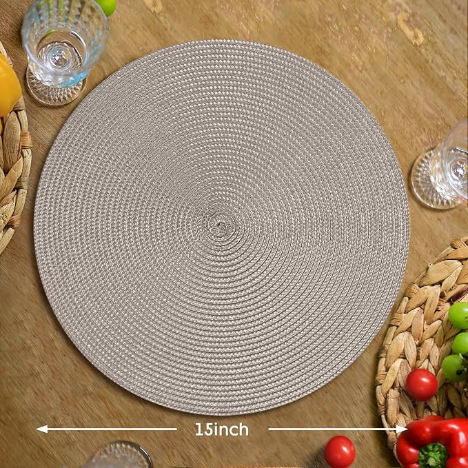 FunWheat Round Braided Placemats Set of 4 Table Mats for Dining Tables Woven Washable Non-Slip Place mats 15 inch(Taupe, 4pcs)