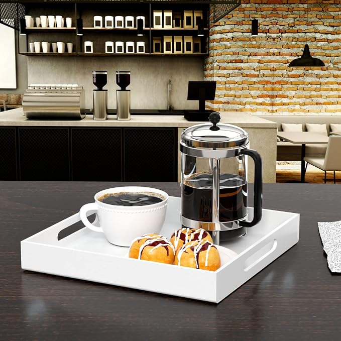 NIUBEE Acrylic Serving Tray 12x12 Inches -Spill Proof- White Decorative Tray Organiser for Ottoman Coffee Table Countertop with Handles