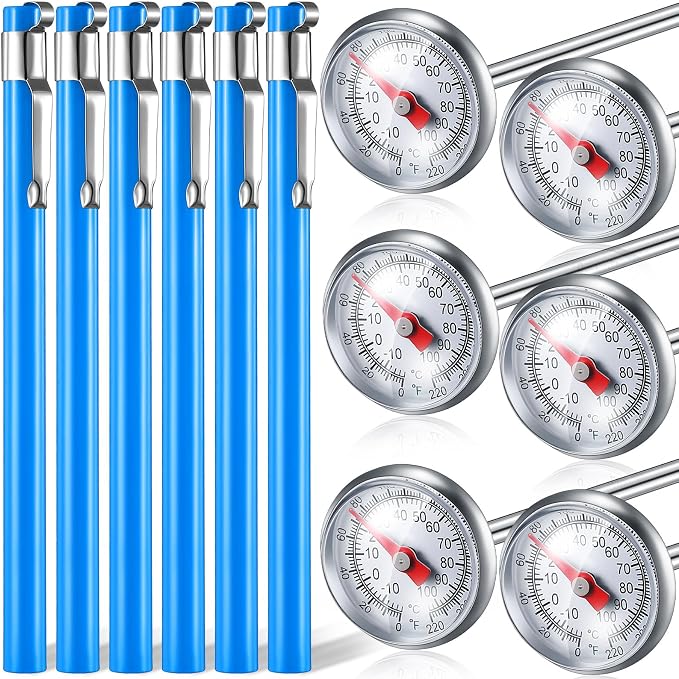 Xuhal 6 Pcs Stainless Steel Kitchen Thermometer with 5 Inch Long Stem 1 Inch Dial Thermometer Milk Frothing Food for Oven Probe Meat Grill BBQ Cooking Chocolate Water(Blue)