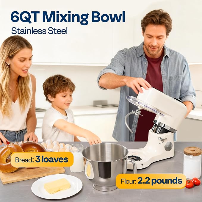 VIVOHOME Stand Mixer with Dough Proofing, 6-Quart Tilt-Head Mixer, White | One-Touch Programs, Adjustable Temperature & Time, Flex Edge Beater, Dough Hook, Whisk, Stainless Steel Bowl, Splash Guard