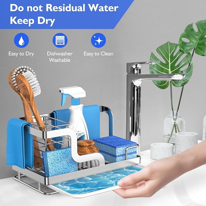 Sink Caddy Organizer, Stainless Steel Countertop Organizer, Sponge Holder with Removable Drain Pan for Sponge, Brush, Dishcloth, Dish Soap, Bottles (Silver)