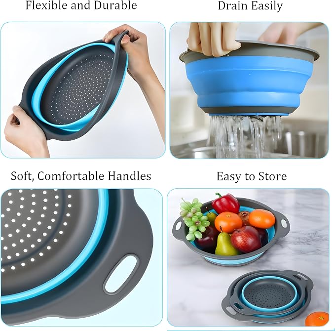 UVB Collapsible Colander Set, Foldable Kitchen Strainer for Pasta, Vegetables & Fruit, Complete Kitchen Set with 2 Stainless Steel Hooks & 2 Silicone Funnels – Blue